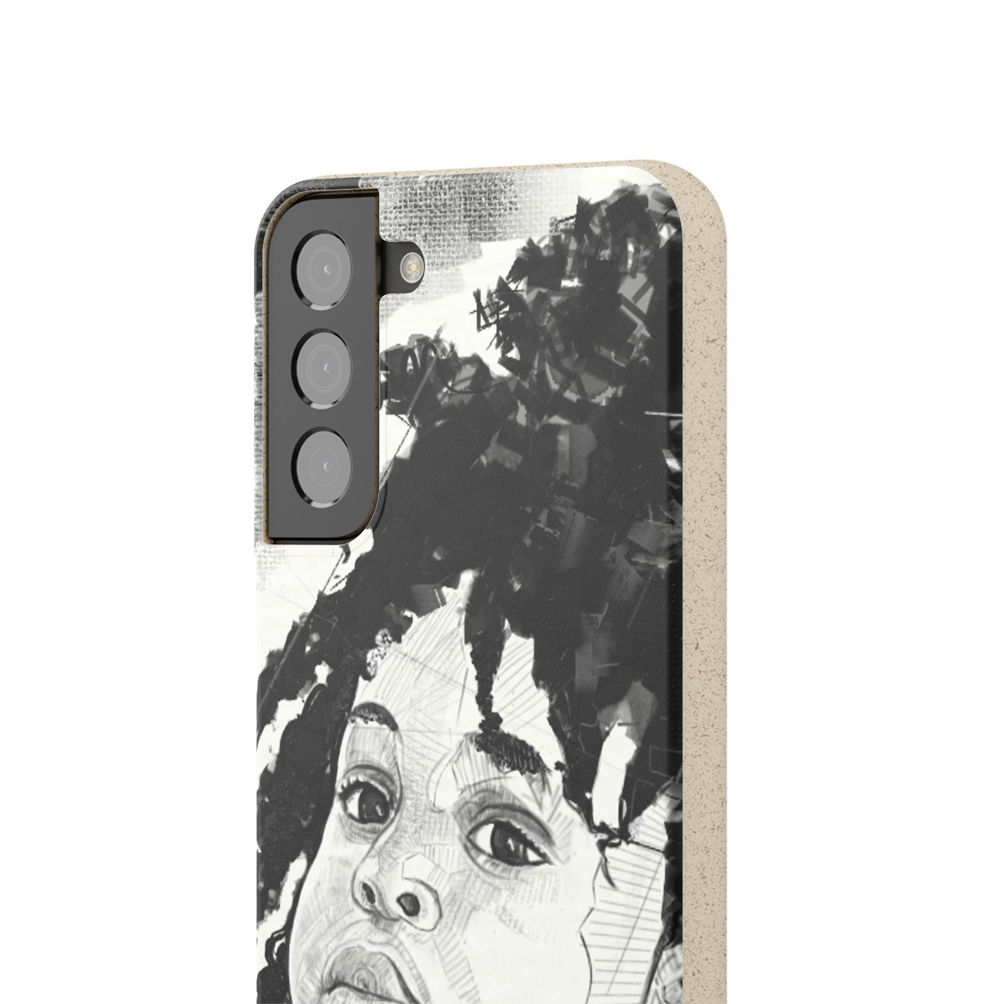 Phone case featuring a little black girl with afro hair in black and white.