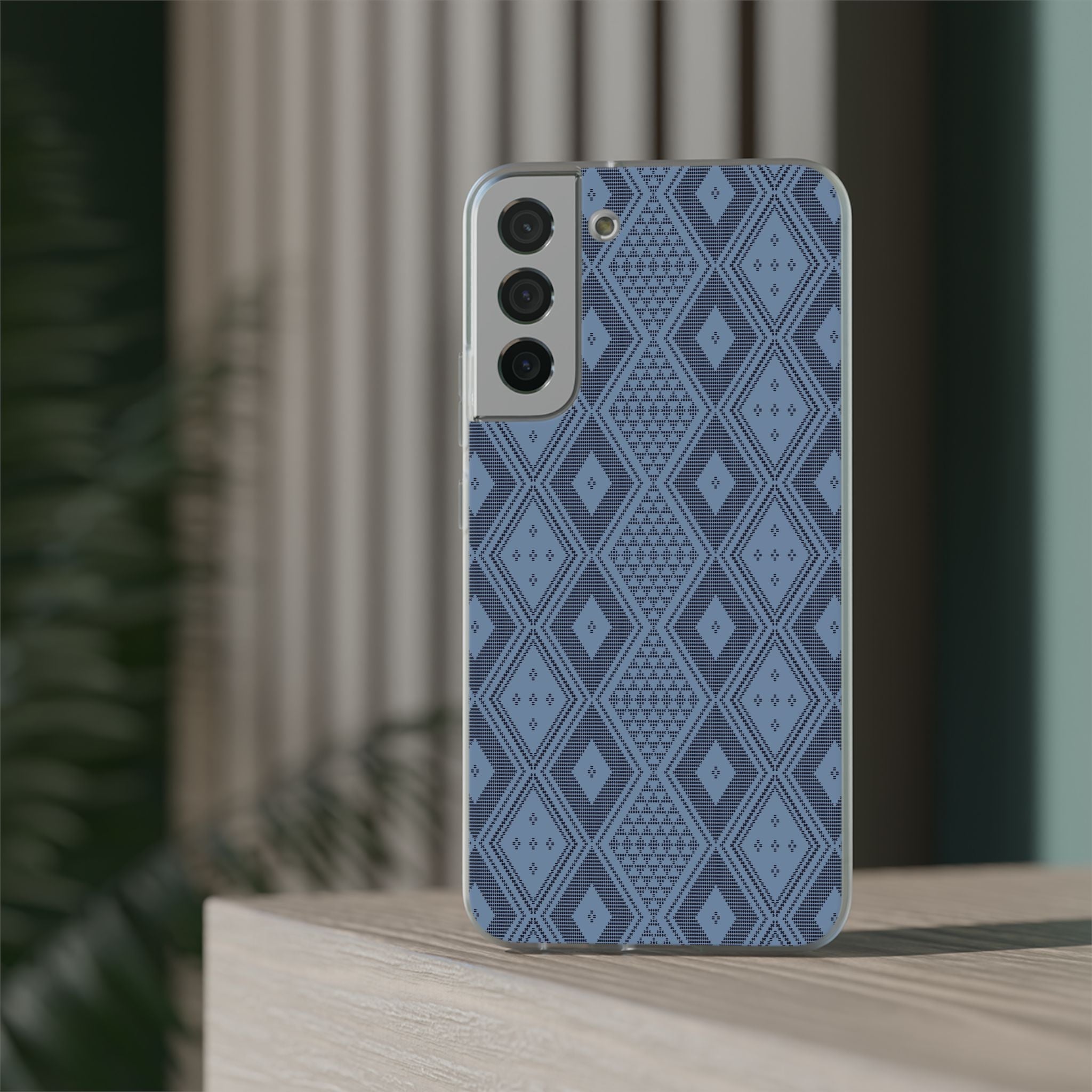 Blue geometric pattern inspired in Guinea Bissau Panu di Pinti fabric, stylish Flexi Cases, designed to elevate your phone's look while providing ultimate protection.