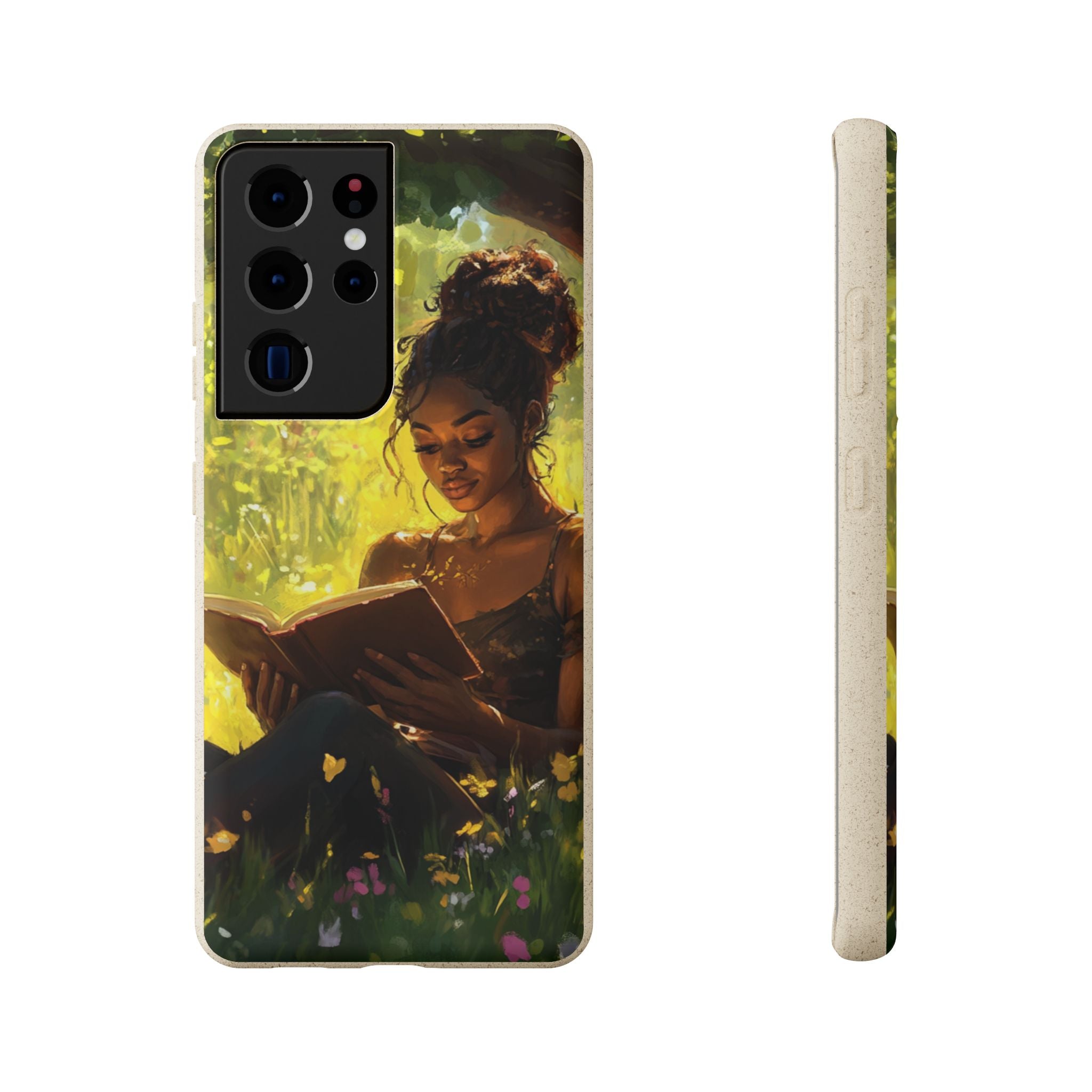 Black woman reading a book in a quit picturesque scene.