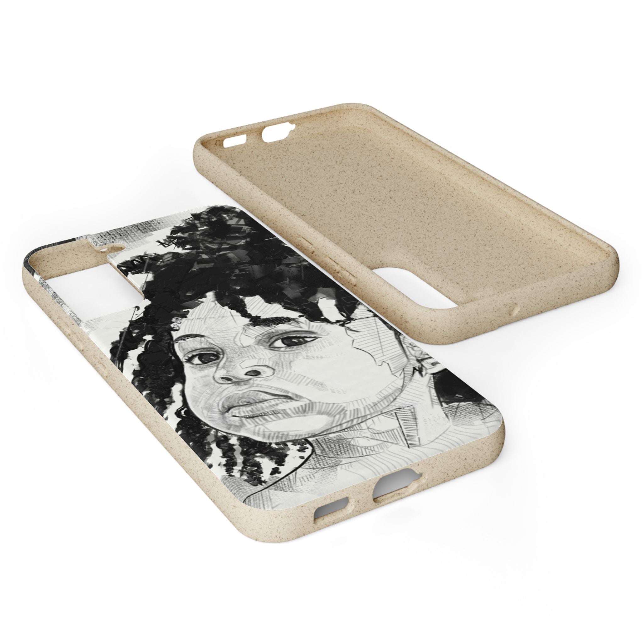 Phone case featuring a little black girl with afro hair in black and white.