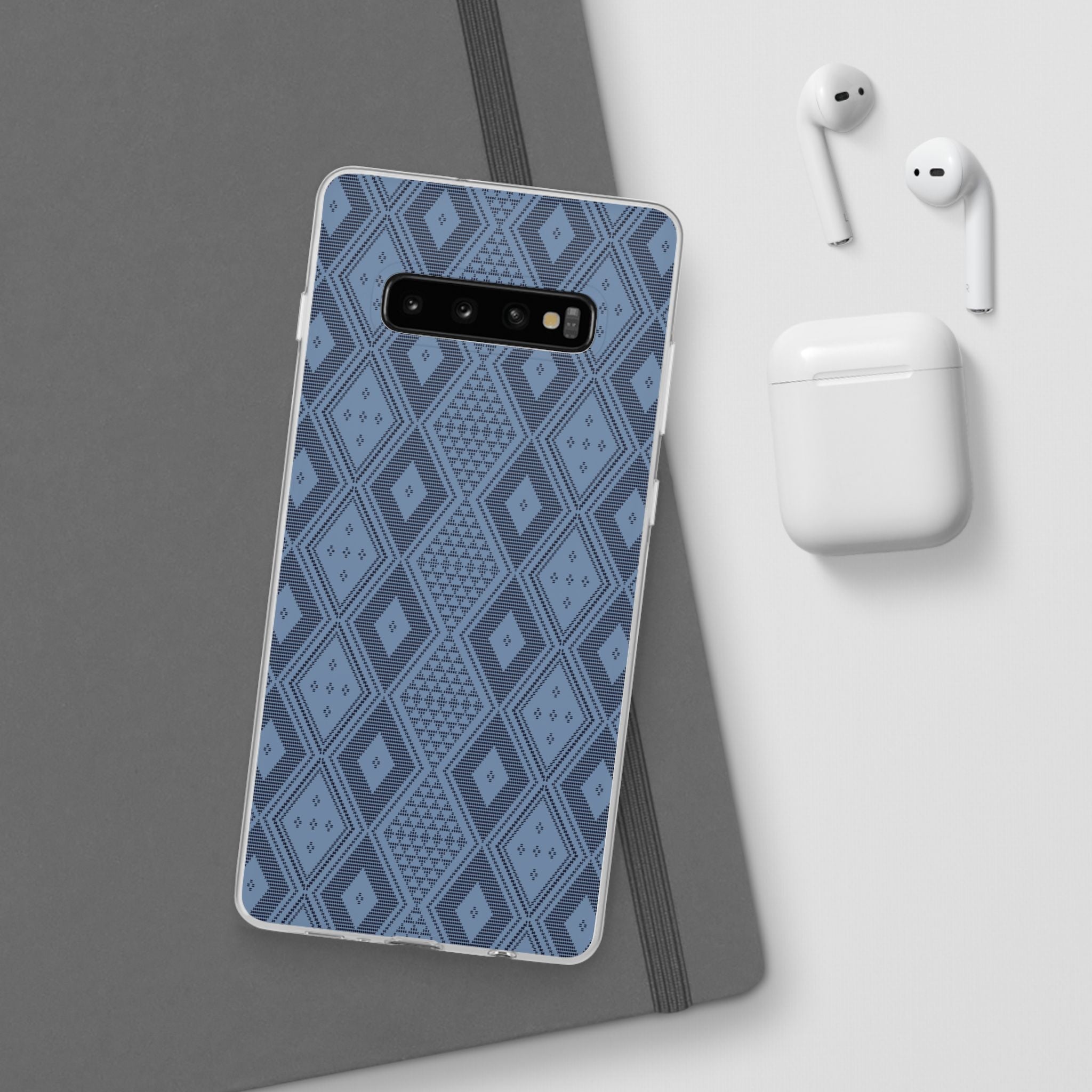 Blue geometric pattern inspired in Guinea Bissau Panu di Pinti fabric, stylish Flexi Cases, designed to elevate your phone's look while providing ultimate protection.