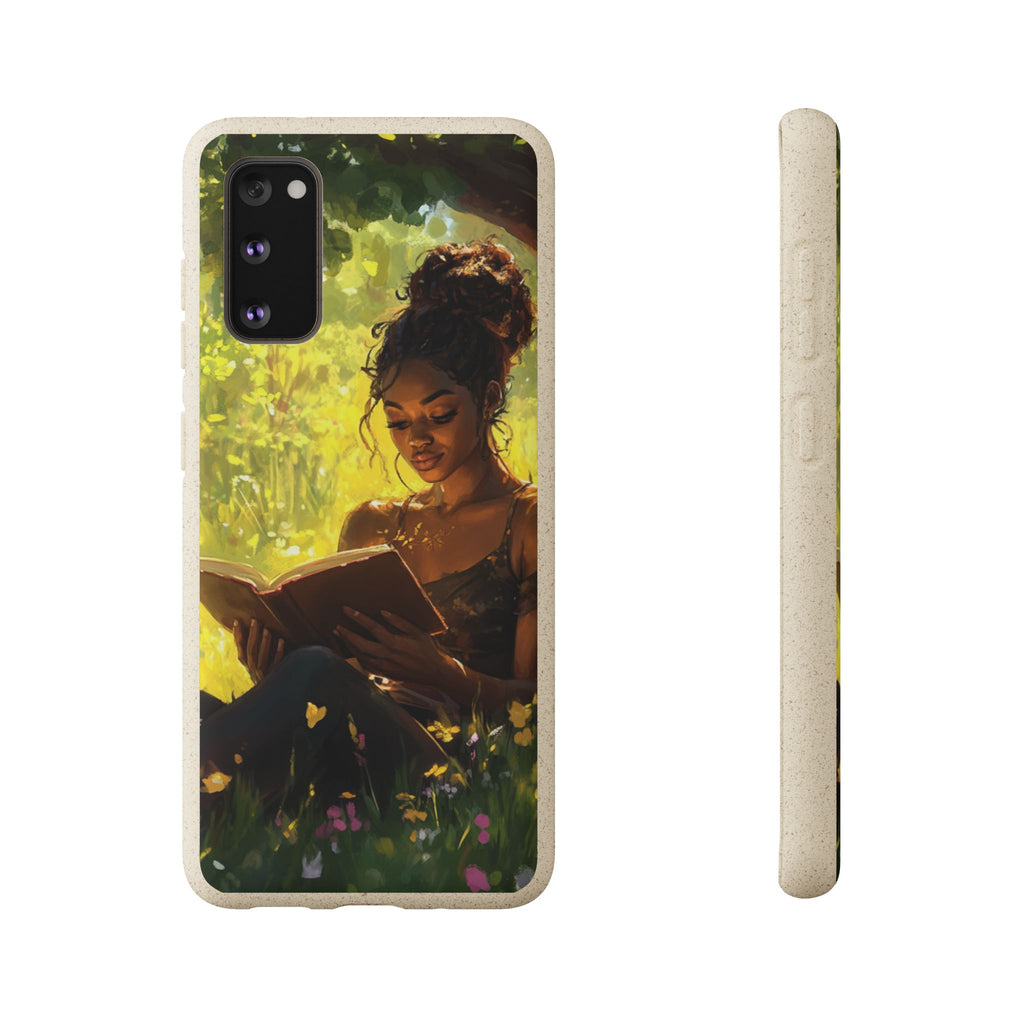 Black woman reading a book in a quit picturesque scene.