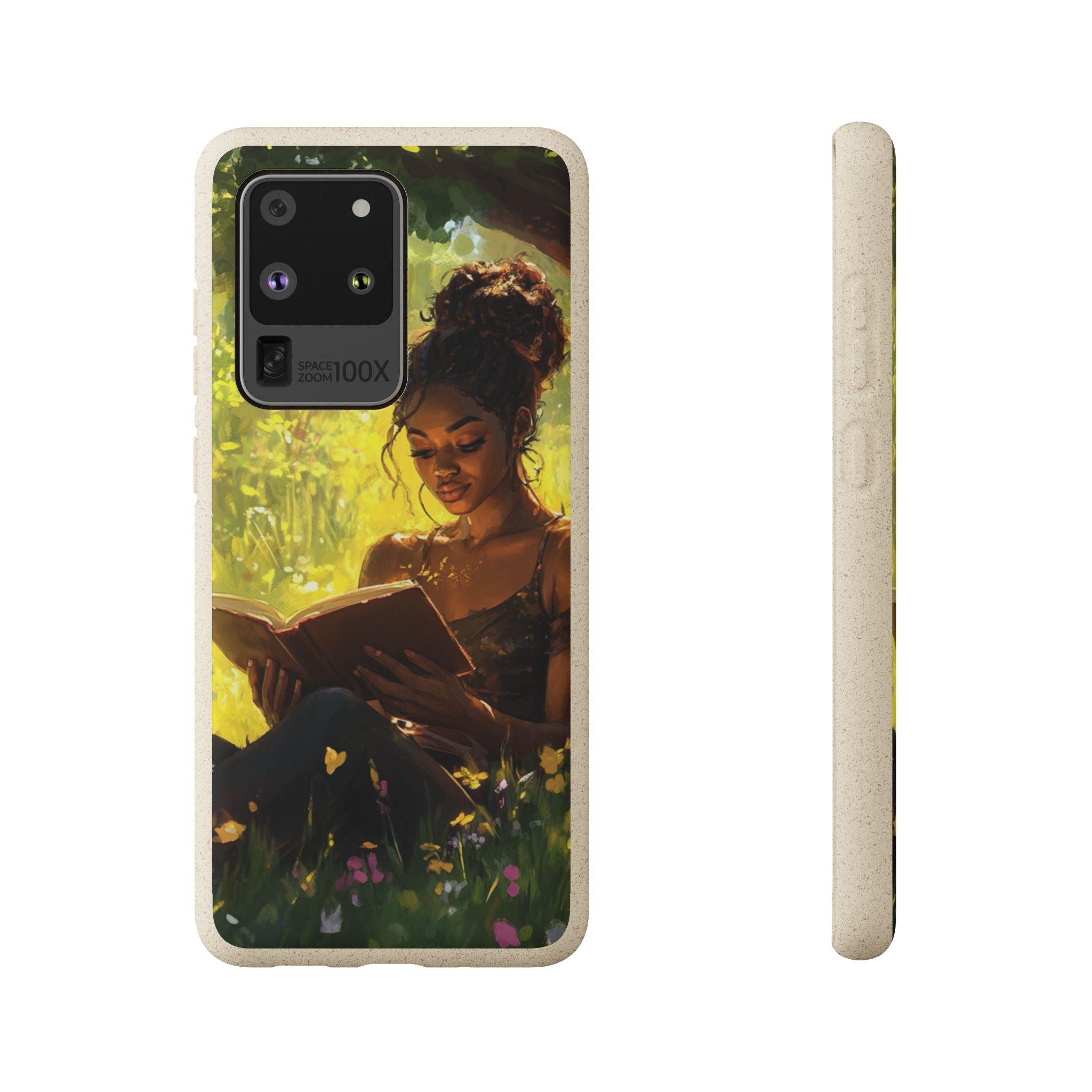 Black woman reading a book in a quit picturesque scene.