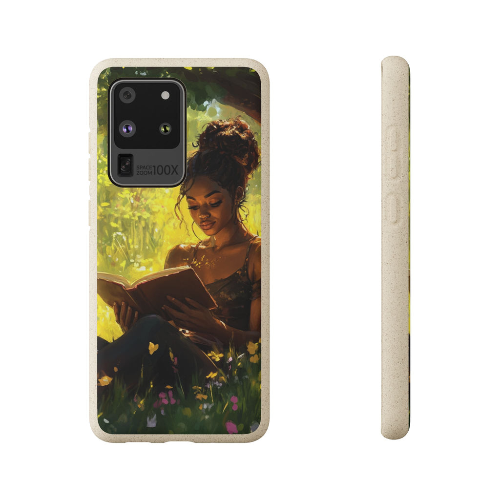 Black woman reading a book in a quit picturesque scene.