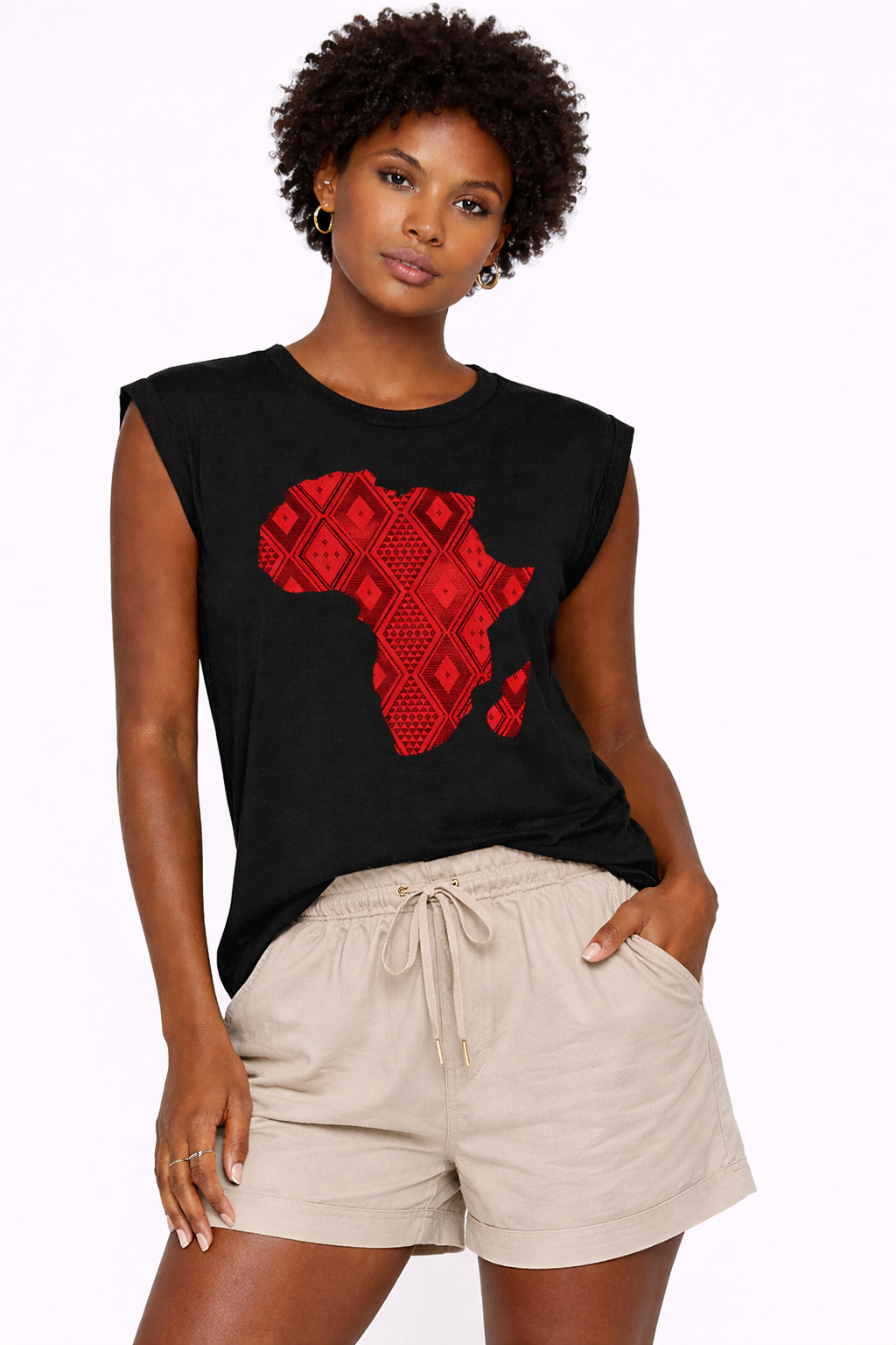 Woman wearing a black sleeveless top with a red Africa map design and beige shorts on a white background