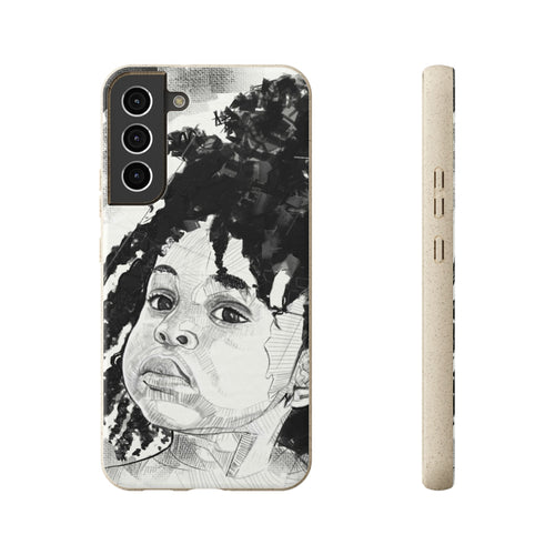 Phone case featuring a little black girl with afro hair in black and white.