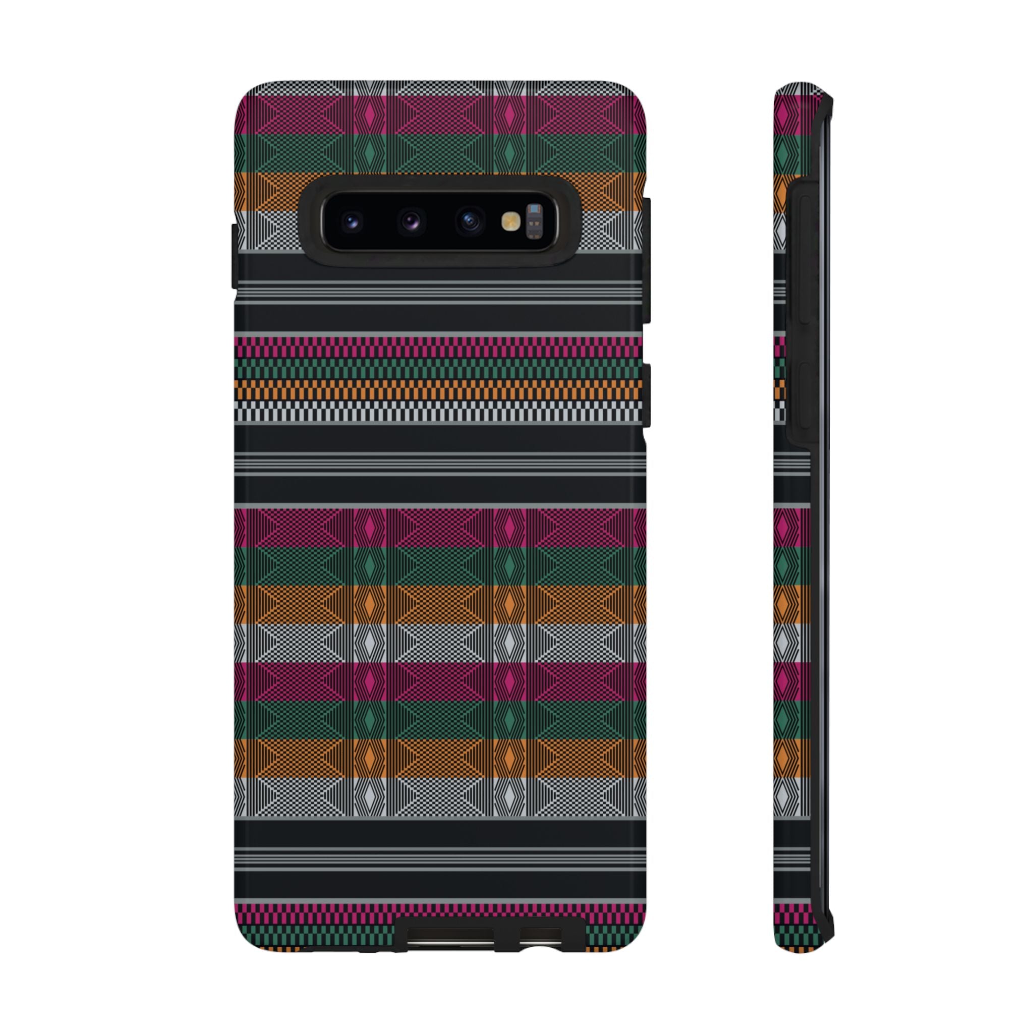 A phone case with a geometric pattern consisting of stripes and shapes in black, pink, purple, and other colors.