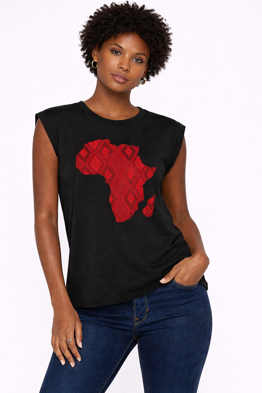 Woman wearing a black sleeveless top with a red Africa map design on a white background