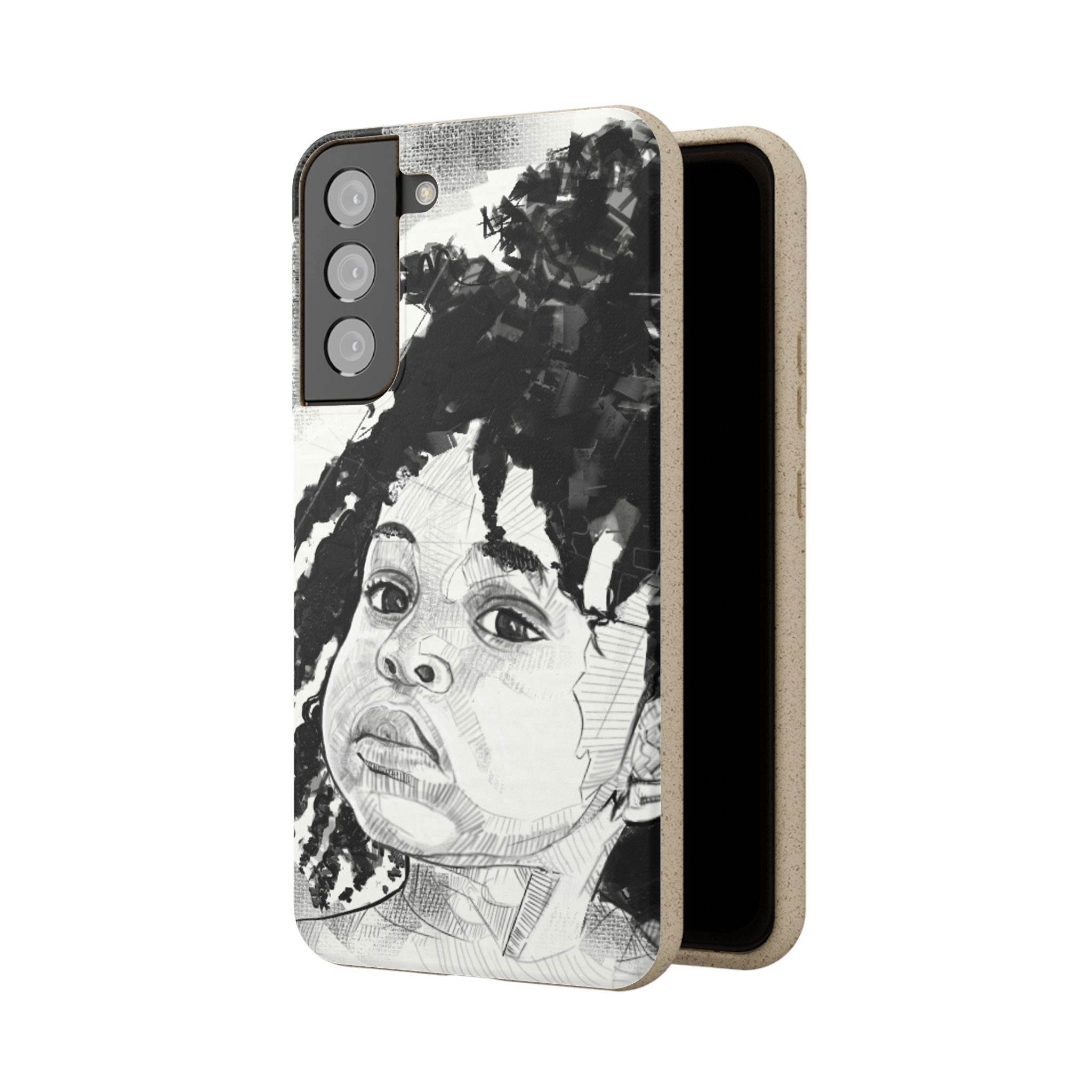 Phone case featuring a little black girl with afro hair in black and white.