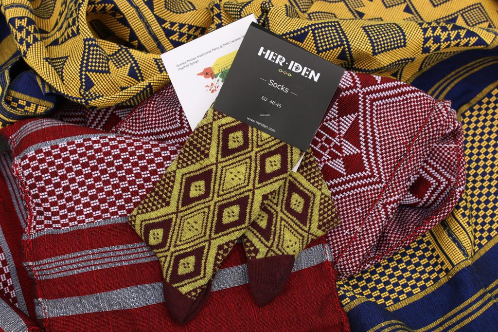 Yellow socks inspired by Guinea-Bissau panu di pinti pattern