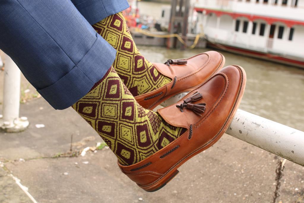 Yellow socks inspired by Guinea-Bissau panu di pinti pattern