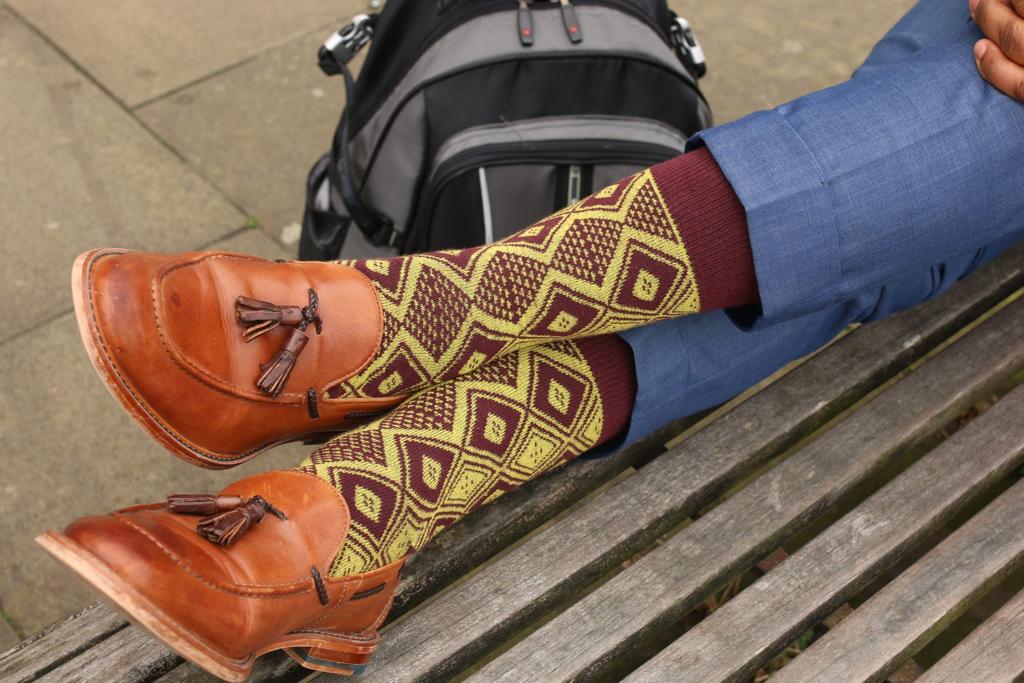 Yellow socks inspired by Guinea-Bissau panu di pinti pattern